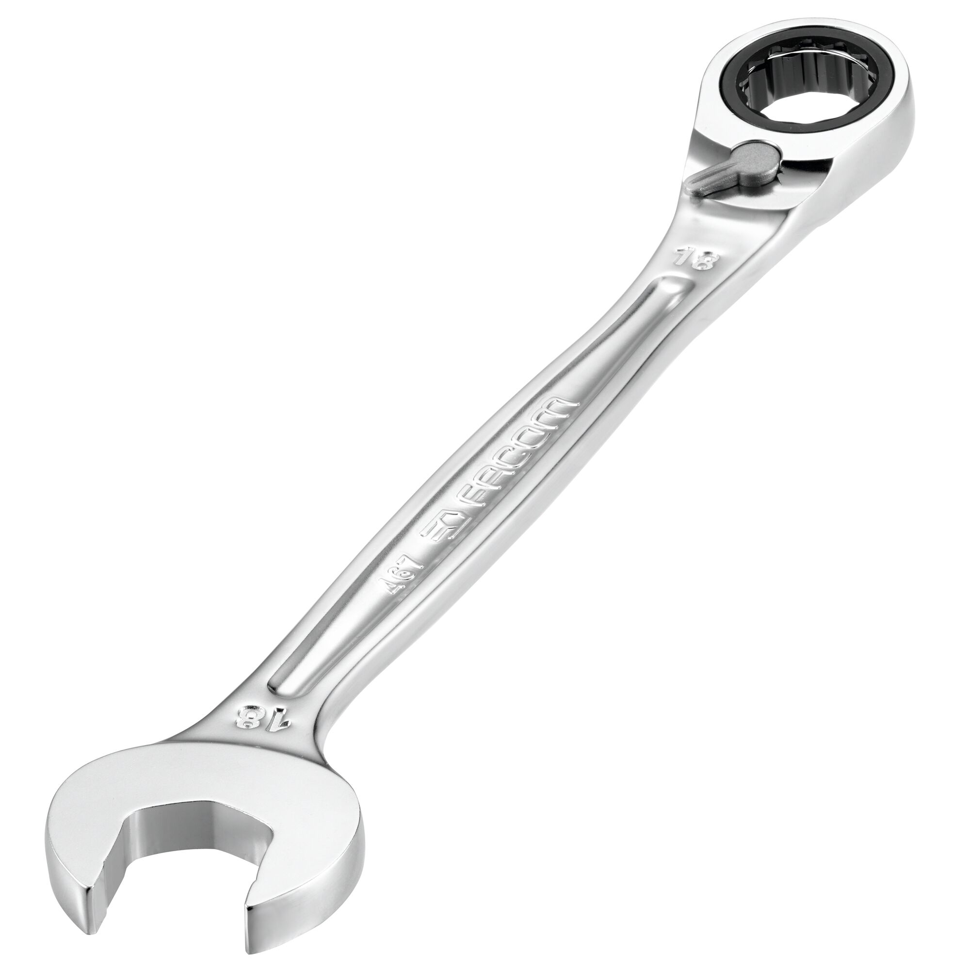Facom 467B9 chrome ratchet combination wrench, angled view, white background.